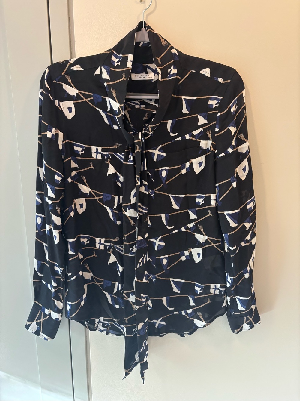 Equipment Black Printed Tie-Neck Silk Blouse